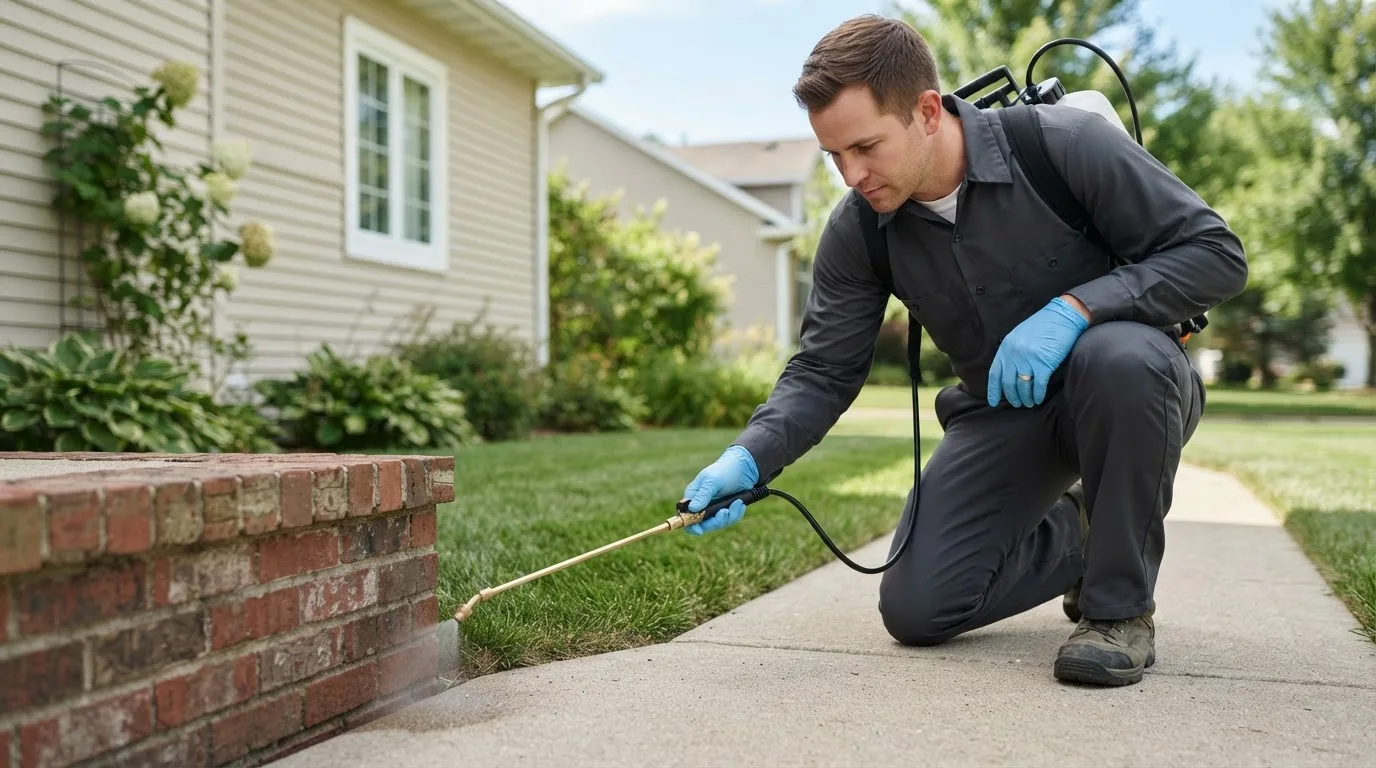 Pest control technician treating a home near Delmont, SD