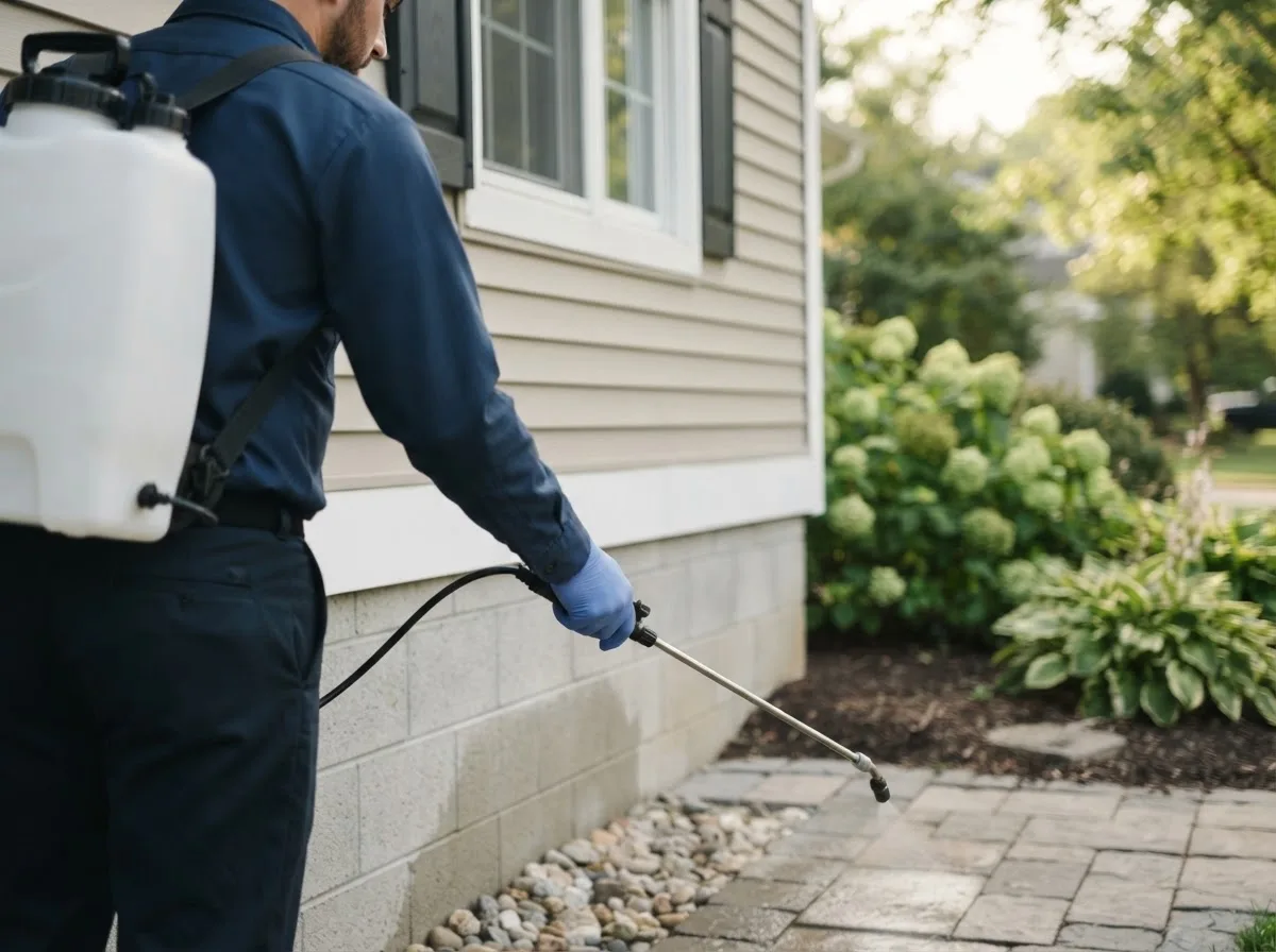 Pest control technician inspecting a home in Delmont, SD
